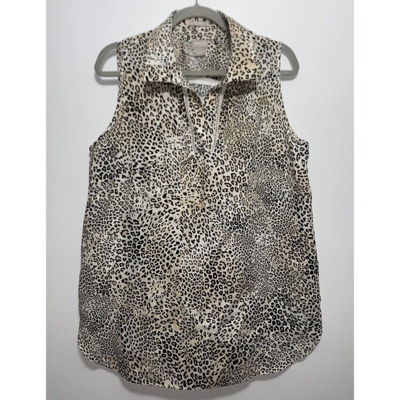 Chico's Blouse Shirt Women's Sz 2 100% Linen Animal Print Sleeveless Tunic - Picture 1 of 9